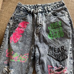SHEIN women’s Blue Distressed Jeans with Neon Graphics - size XS - EUC